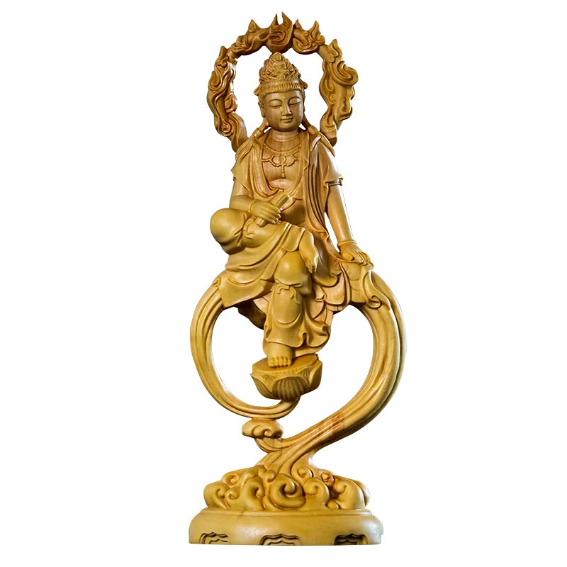 Boxwood 18.5cm Flame Guanyin Sculpture Wood Carving Buddha Statue Peaceful Worship Feng Shui Guan Yin Home Decor