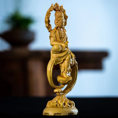 Boxwood 18.5cm Flame Guanyin Sculpture Wood Carving Buddha Statue Peaceful Worship Feng Shui Guan Yin Home Decor