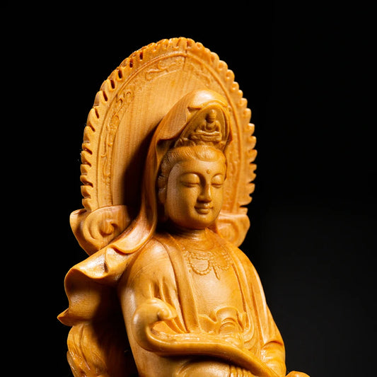Boxwood 18cm 22cm Dragon Guanyin Sculpture Buddha Wood Statue Feng Shui Worship Home Decoration