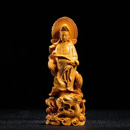 Boxwood 18cm 22cm Dragon Guanyin Sculpture Buddha Wood Statue Feng Shui Worship Home Decoration