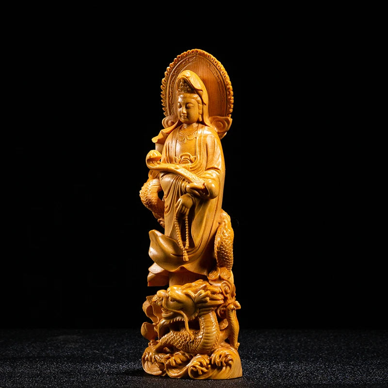 Boxwood 18cm 22cm Dragon Guanyin Sculpture Buddha Wood Statue Feng Shui Worship Home Decoration