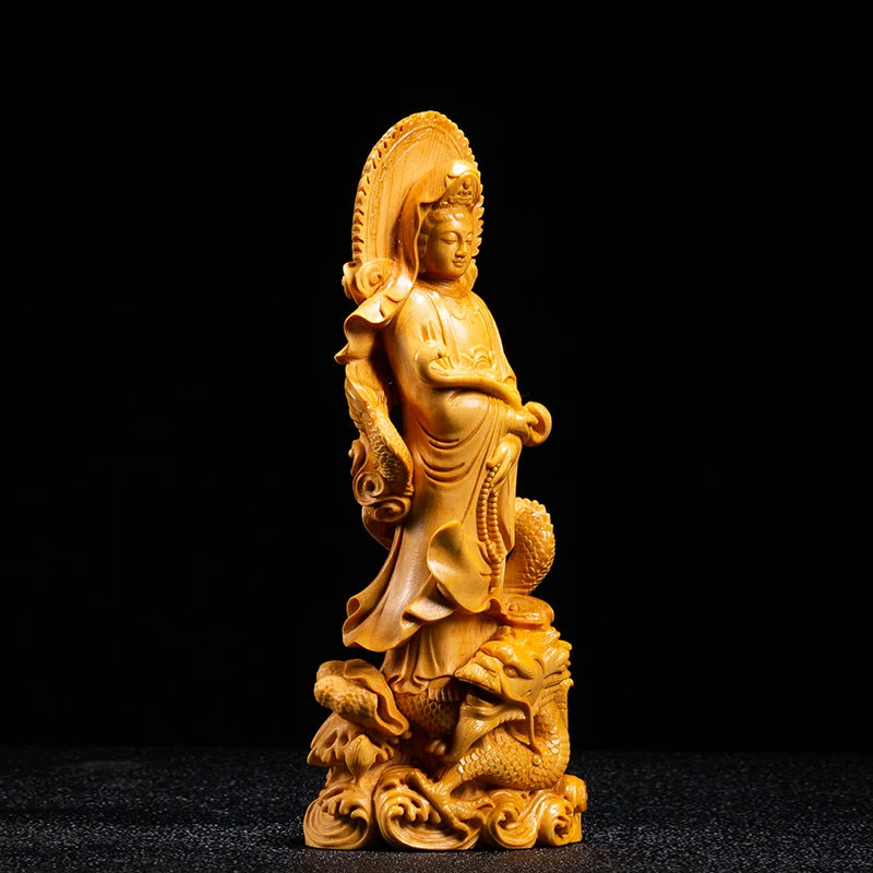 Boxwood 18cm 22cm Dragon Guanyin Sculpture Buddha Wood Statue Feng Shui Worship Home Decoration