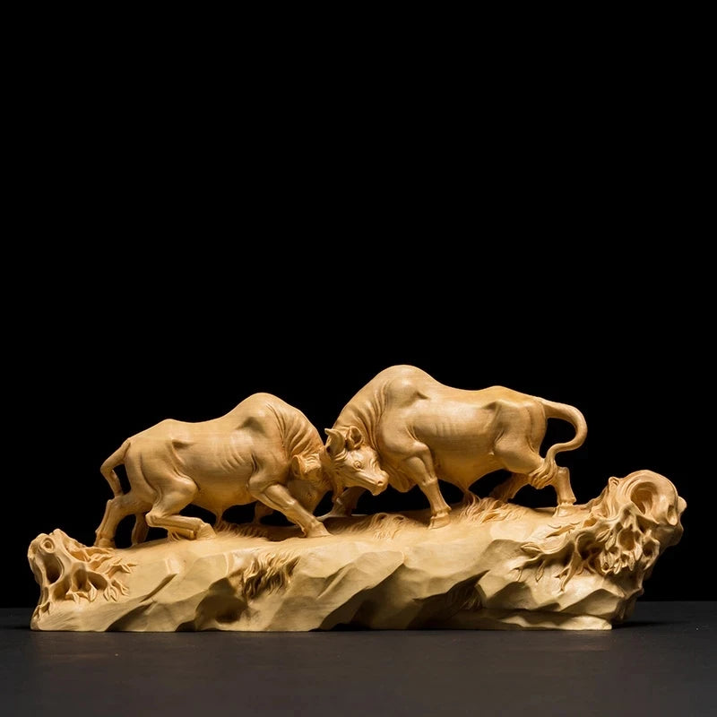 Boxwood 18cm 25cm Bull Sculpture Office Ornament Feng Shui House Animal Wood Statue Bull Home Decor
