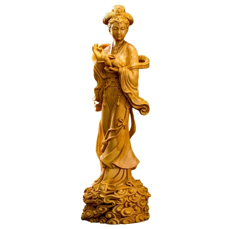 Boxwood 18cm Chang'e Sculpture Beauty Figure Wood Carving Chinese Mythology Change Goddess of Moon Fairy Statue Home Decor