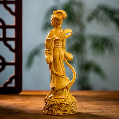 Boxwood 18cm Chang'e Sculpture Beauty Figure Wood Carving Chinese Mythology Change Goddess of Moon Fairy Statue Home Decor