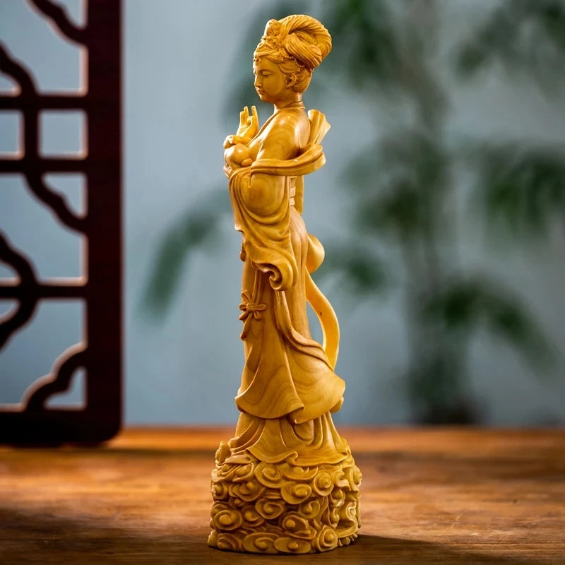 Boxwood 18cm Chang'e Sculpture Beauty Figure Wood Carving Chinese Mythology Change Goddess of Moon Fairy Statue Home Decor