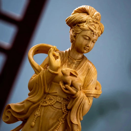 Boxwood 18cm Chang'e Sculpture Beauty Figure Wood Carving Chinese Mythology Change Goddess of Moon Fairy Statue Home Decor