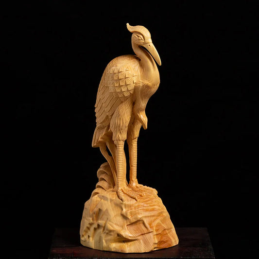 Boxwood 18cm Crane Sculpture Wood Carving Animal Noble Character Statue Crane Home Decor