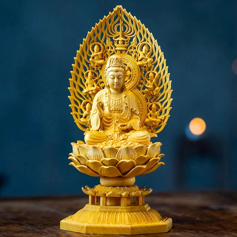 Boxwood 18cm Guanyin Sculpture Solid Wood Carving Small Buddha Statue Feng Shui Buda Guan Yin Home Decor
