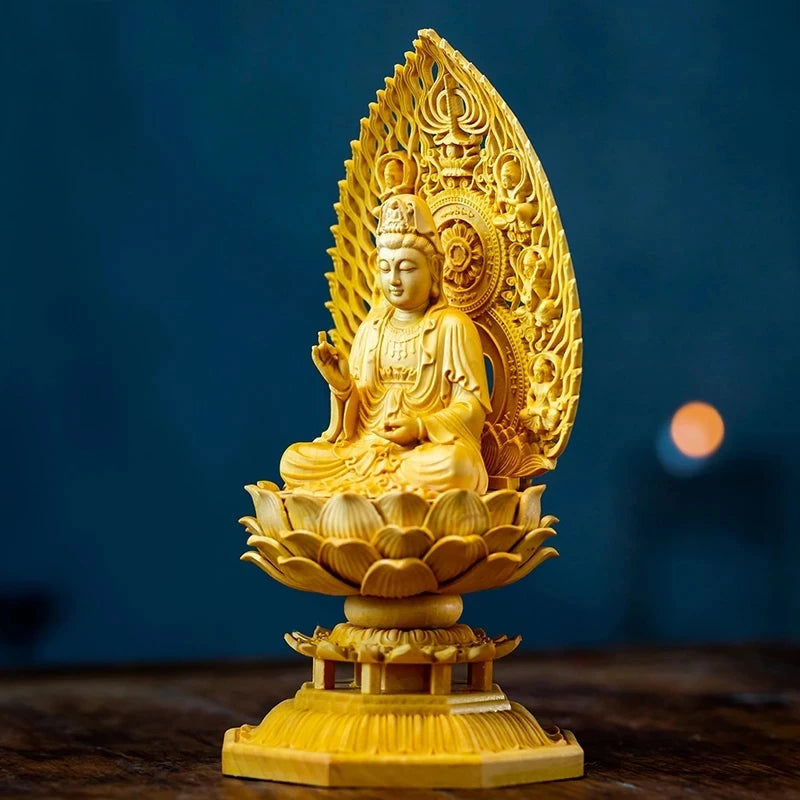 Boxwood 18cm Guanyin Sculpture Solid Wood Carving Small Buddha Statue Feng Shui Buda Guan Yin Home Decor