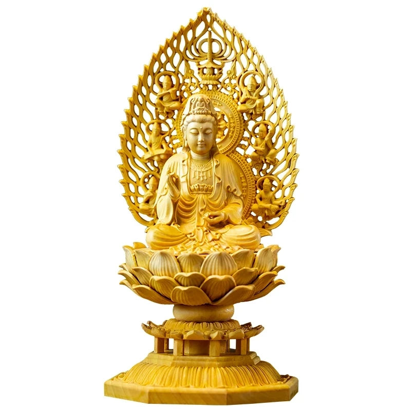 Boxwood 18cm Guanyin Sculpture Solid Wood Carving Small Buddha Statue Feng Shui Buda Guan Yin Home Decor
