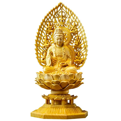 Boxwood 18cm Guanyin Sculpture Solid Wood Carving Small Buddha Statue Feng Shui Buda Guan Yin Home Decor