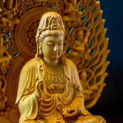 Boxwood 18cm Guanyin Sculpture Solid Wood Carving Small Buddha Statue Feng Shui Buda Guan Yin Home Decor