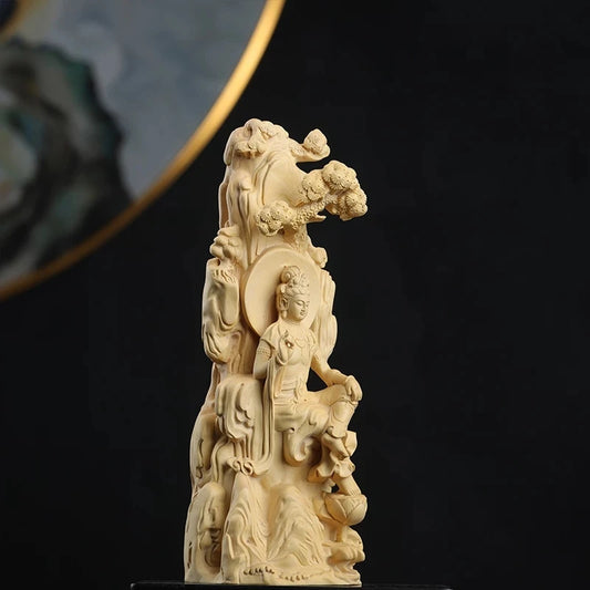 Boxwood 18cm Guanyin Sculpture Wood Buddha Statue Guan Yin Worship Collection Home Decor