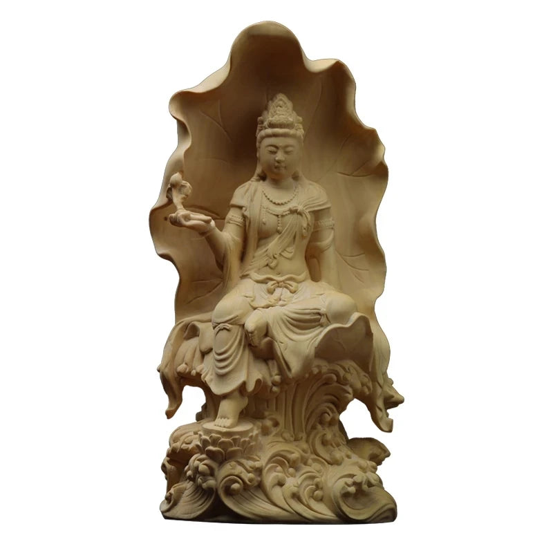 Boxwood 18cm Lotus Guanyin Sculpture Wood Guan Yin Buddha Statue Feng Shui Lucky Home Decor