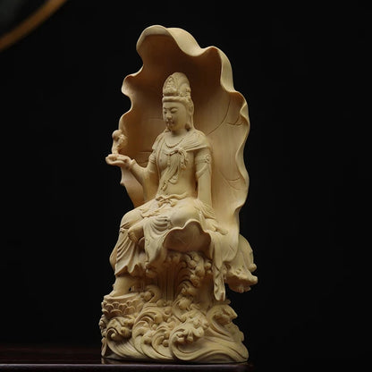 Boxwood 18cm Lotus Guanyin Sculpture Wood Guan Yin Buddha Statue Feng Shui Lucky Home Decor