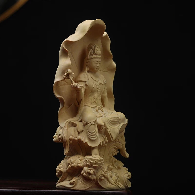 Boxwood 18cm Lotus Guanyin Sculpture Wood Guan Yin Buddha Statue Feng Shui Lucky Home Decor