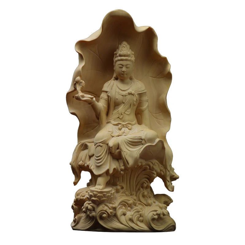 Boxwood 18cm Lotus Guanyin Sculpture Wood Guan Yin Buddha Statue Feng Shui Lucky Home Decor