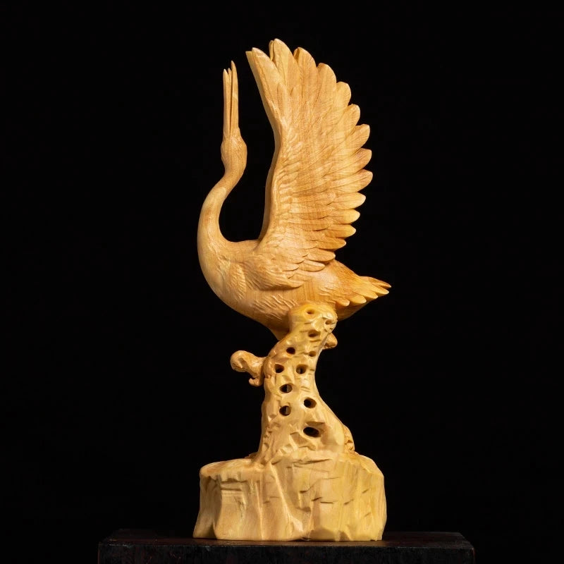 Boxwood 18cm Lucky Crane Sculpture Elder He Shou Gift Home Accessories Crafts Auspicious Crane Wood Statue Ornaments Home Decor