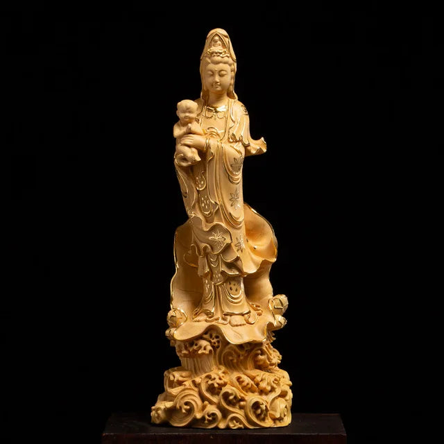 Boxwood 19cm 22cm Guanyin Sculpture Wood Buddha Statue Guan Yin with Boy Home Decor