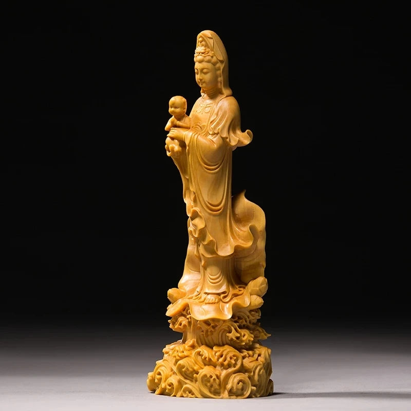 Boxwood 19cm 22cm Guanyin Sculpture Wood Buddha Statue Guan Yin with Boy Home Decor