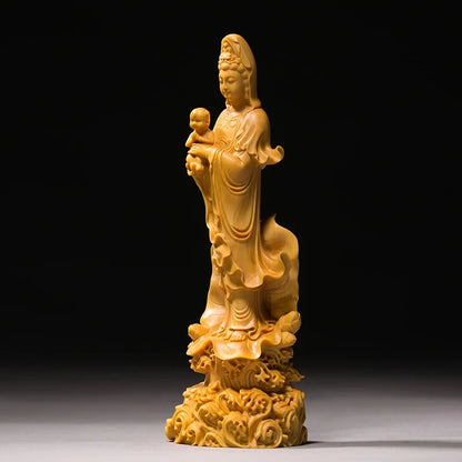 Boxwood 19cm 22cm Guanyin Sculpture Wood Buddha Statue Guan Yin with Boy Home Decor