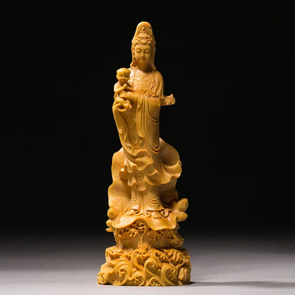 Boxwood 19cm 22cm Guanyin Sculpture Wood Buddha Statue Guan Yin with Boy Home Decor