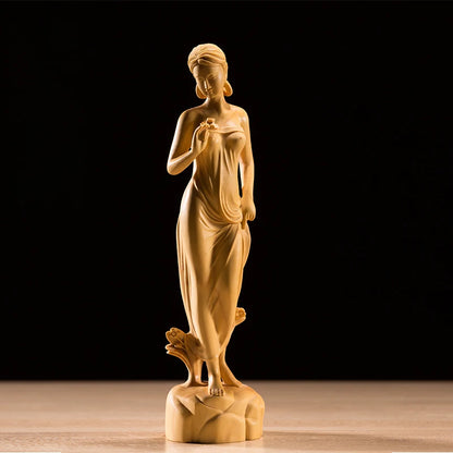 Boxwood 19cm Beauty Sculpture Wood Out of The Bath Girl Statue Home Decor