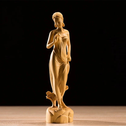 Boxwood 19cm Beauty Sculpture Wood Out of The Bath Girl Statue Home Decor