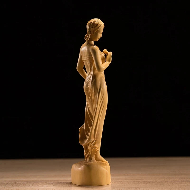 Boxwood 19cm Beauty Sculpture Wood Out of The Bath Girl Statue Home Decor