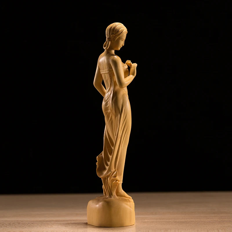 Boxwood 19cm Beauty Sculpture Wood Out of The Bath Girl Statue Home Decor