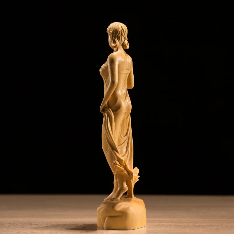 Boxwood 19cm Beauty Sculpture Wood Out of The Bath Girl Statue Home Decor