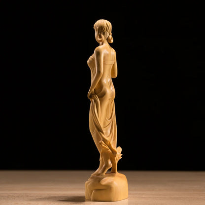 Boxwood 19cm Beauty Sculpture Wood Out of The Bath Girl Statue Home Decor