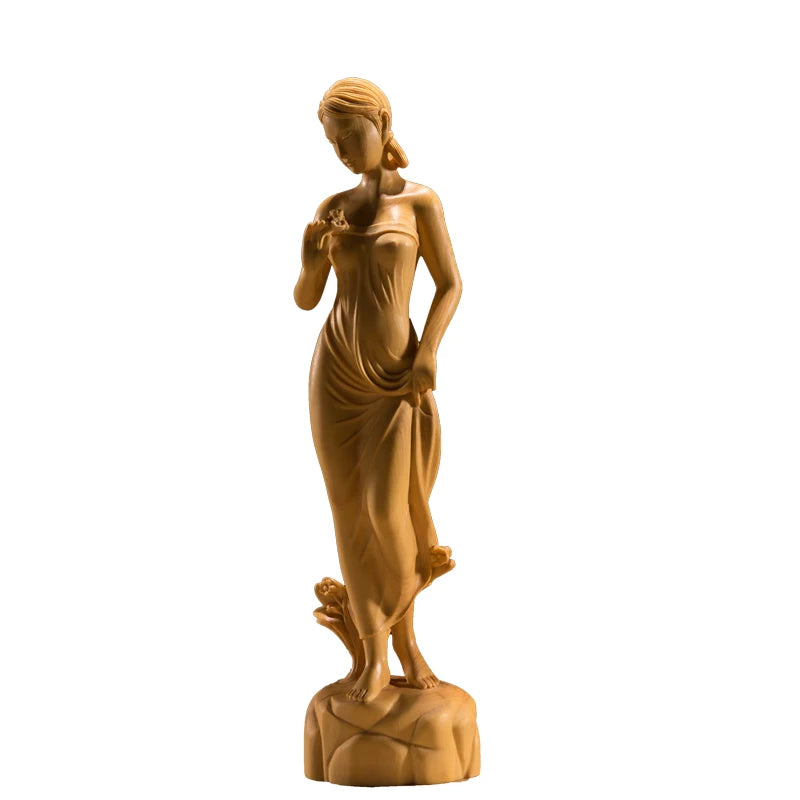 Boxwood 19cm Beauty Sculpture Wood Out of The Bath Girl Statue Home Decor