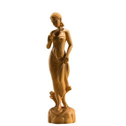 Boxwood 19cm Beauty Sculpture Wood Out of The Bath Girl Statue Home Decor