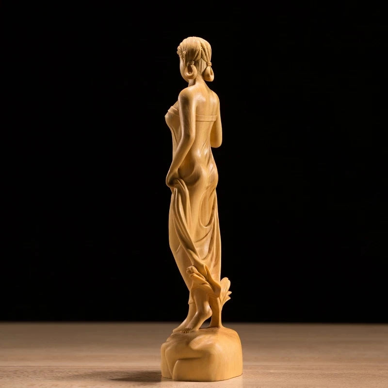 Boxwood 19cm Beauty Sculpture Wood Out of The Bath Girl Statue Home Decor