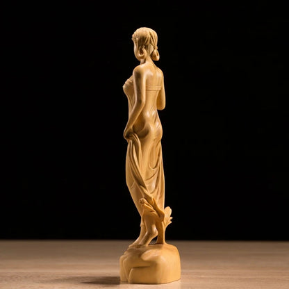 Boxwood 19cm Beauty Sculpture Wood Out of The Bath Girl Statue Home Decor