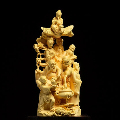 Boxwood 19cm Eight God Cross The Sea Sculpture Wood Feng Shui Buddha Statue Eight Immortals Crossing The Sea Lucky Home Decor