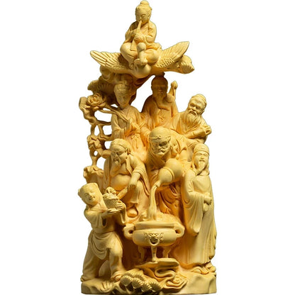 Boxwood 19cm Eight God Cross The Sea Sculpture Wood Feng Shui Buddha Statue Eight Immortals Crossing The Sea Lucky Home Decor