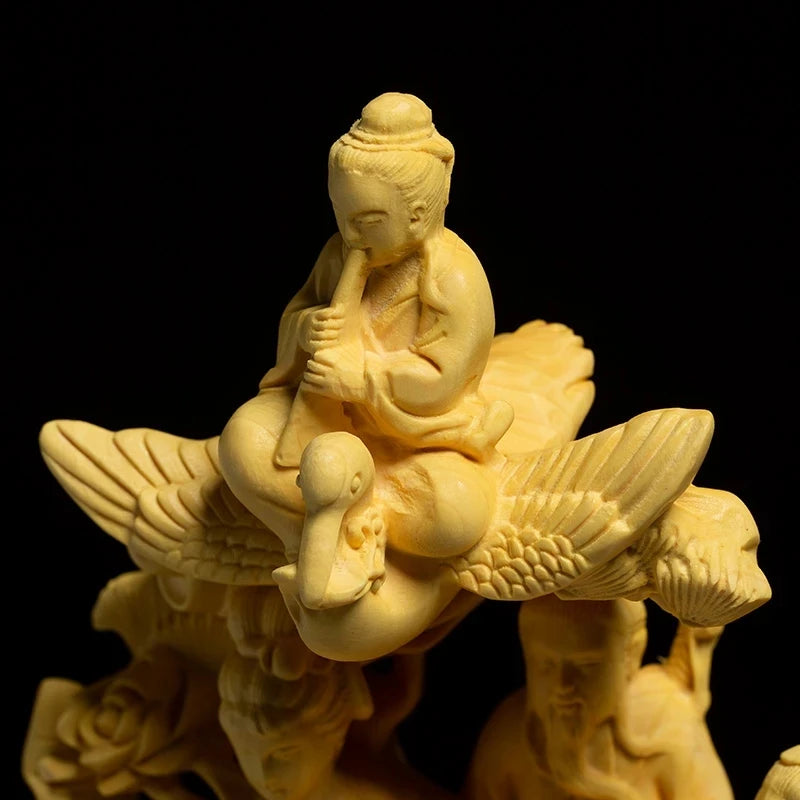 Boxwood 19cm Eight God Cross The Sea Sculpture Wood Feng Shui Buddha Statue Eight Immortals Crossing The Sea Lucky Home Decor