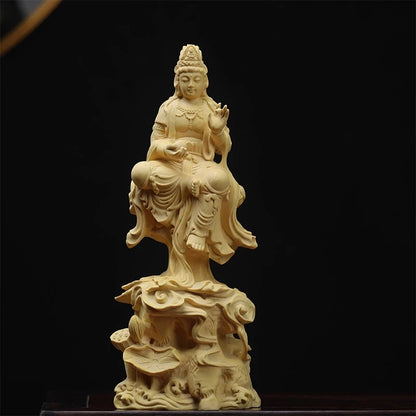 Boxwood 19cm Guanyin Sculpture Buddha Wood Guan Yin Statue Feng Shui Worship Buda Home Decor
