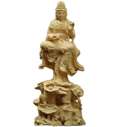 Boxwood 19cm Guanyin Sculpture Buddha Wood Guan Yin Statue Feng Shui Worship Buda Home Decor