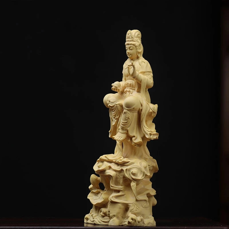 Boxwood 19cm Guanyin Sculpture Buddha Wood Guan Yin Statue Feng Shui Worship Buda Home Decor