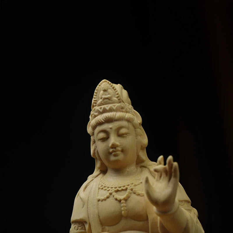 Boxwood 19cm Guanyin Sculpture Buddha Wood Guan Yin Statue Feng Shui Worship Buda Home Decor