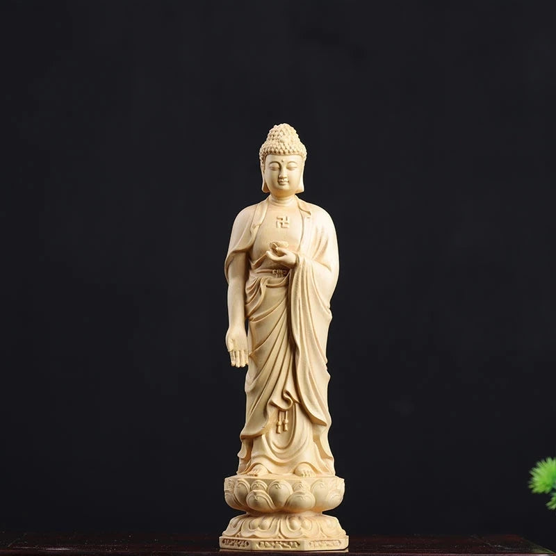 Boxwood 20/30cm West Three Buddha Sculpture Wood Sakyamuni Guanyin Statue Worship Home Decor