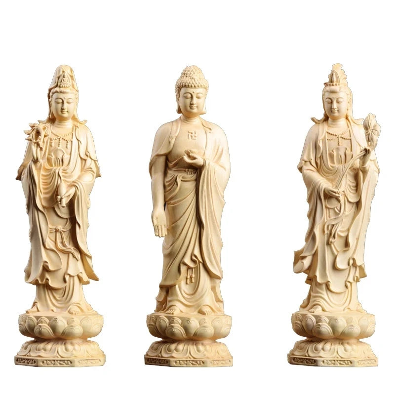 Boxwood 20/30cm West Three Buddha Sculpture Wood Sakyamuni Guanyin Statue Worship Home Decor