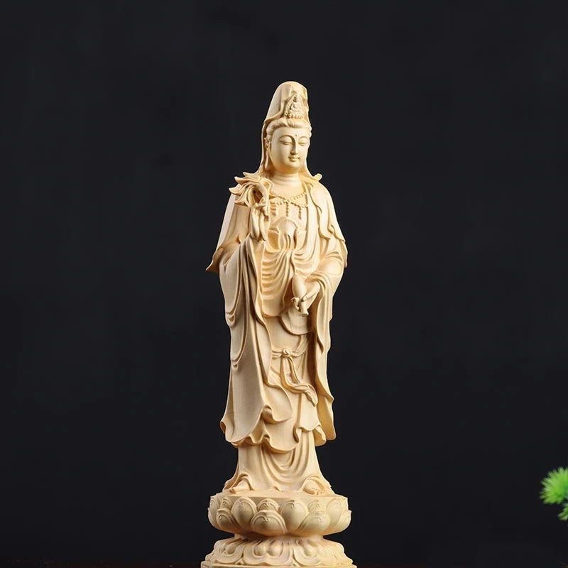 Boxwood 20/30cm West Three Buddha Sculpture Wood Sakyamuni Guanyin Statue Worship Home Decor