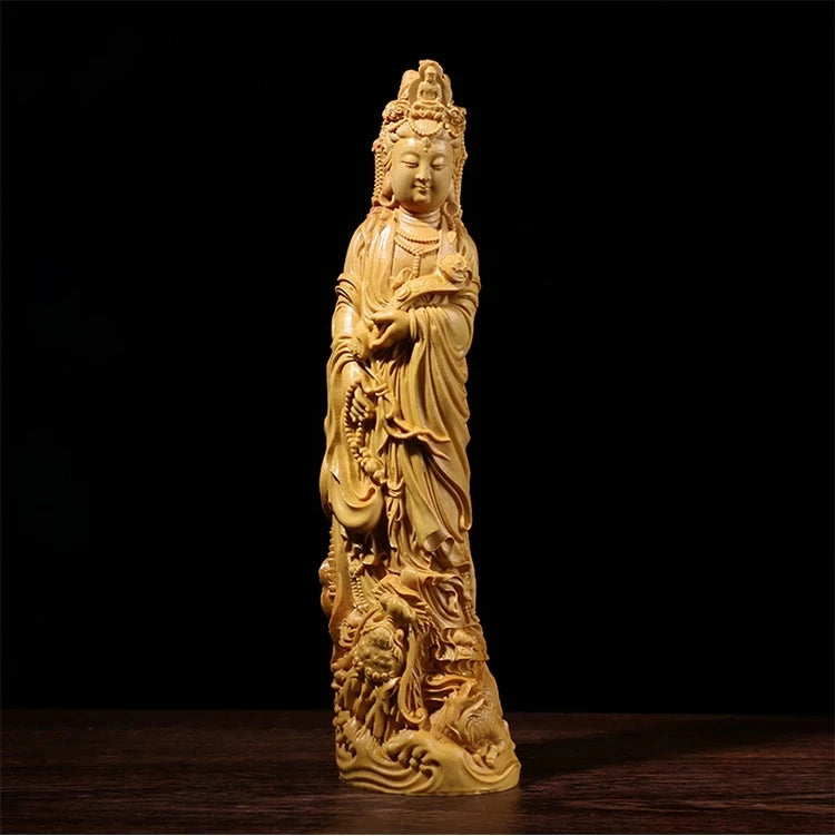 Boxwood 20cm 23cm Guanyin Sculpture Wood Carving Buddha Statue Guan Yin with Dragon Home Decor