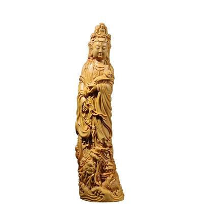 Boxwood 20cm 23cm Guanyin Sculpture Wood Carving Buddha Statue Guan Yin with Dragon Home Decor