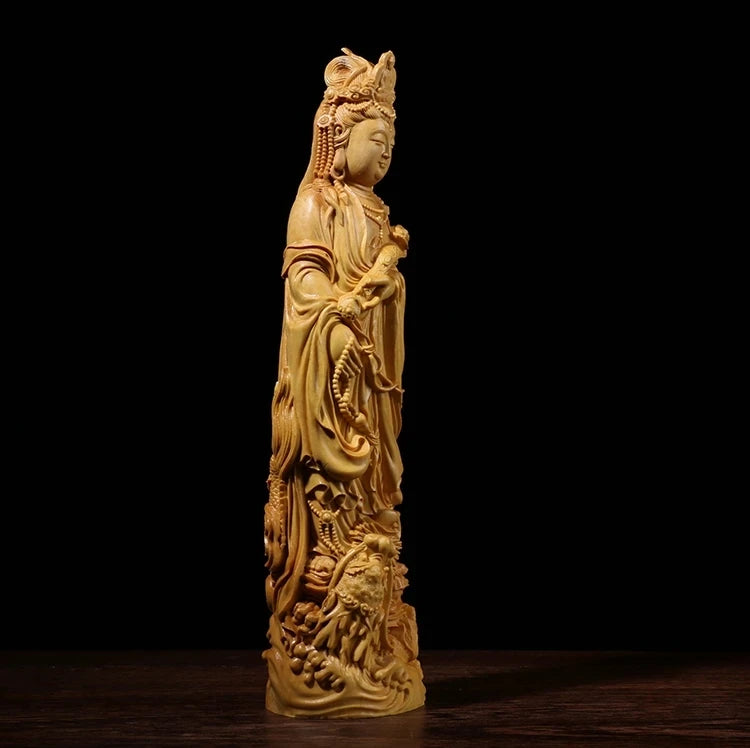Boxwood 20cm 23cm Guanyin Sculpture Wood Carving Buddha Statue Guan Yin with Dragon Home Decor